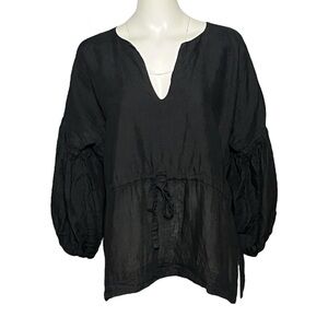 NARY Lounge Top Resortwear Linen Black Tunic Boxy Long Sleeve Lagenlook Size L